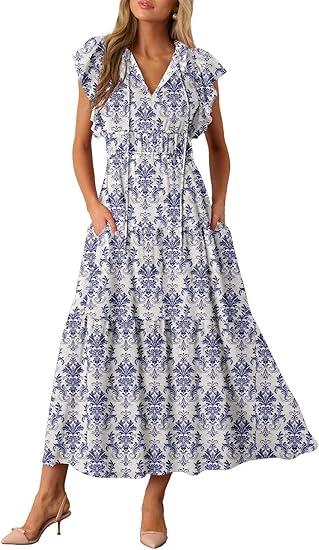 BLENCOT Womens Maxi Summer Casual Dresses Cap Short Sleeve V Neck Beach Flowy Fashion Boho Floral Printed Tie Dresses with Pockets P520 M