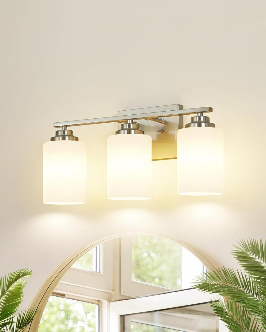 Brushed Nickel Bathroom Light Fixtures, 3-Light Bathroom Vanity Lighting Fixtures Over Mirror with Milky Glass, Modern Wall Sconce Lights for Bath, OS-JJ8301-3BN
