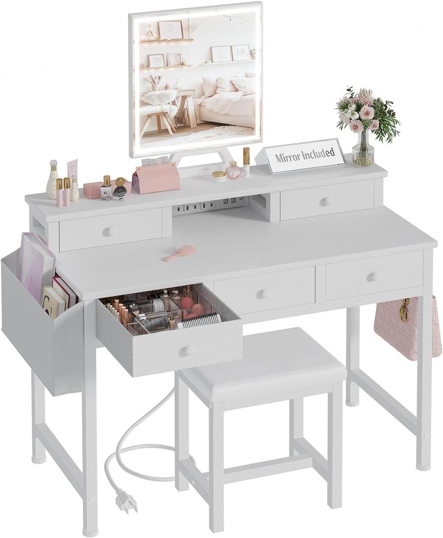 White Makeup Vanity Desk with Mirror and Lights, 40 inch Girls Vanity Set with Chair, Make Up Dresser Table with Drawers and Power Outlet for Bedroom Small Space
