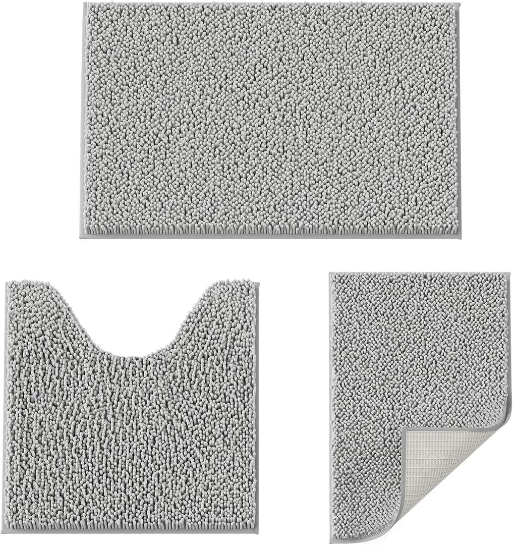 Bathroom Rugs Set 3 Pieces Extra Soft and Absorbent Shaggy Bath Rugs, Chenille Bathroom Mats, Non-Slip Plush Carpet Runner, Bathrooms Set with Toilet Rugs, Perfect Bath Mats for Bath Tub, Shower (16" x 24" & 20" x 32"& 20" x 20" U shape, Light Grey)