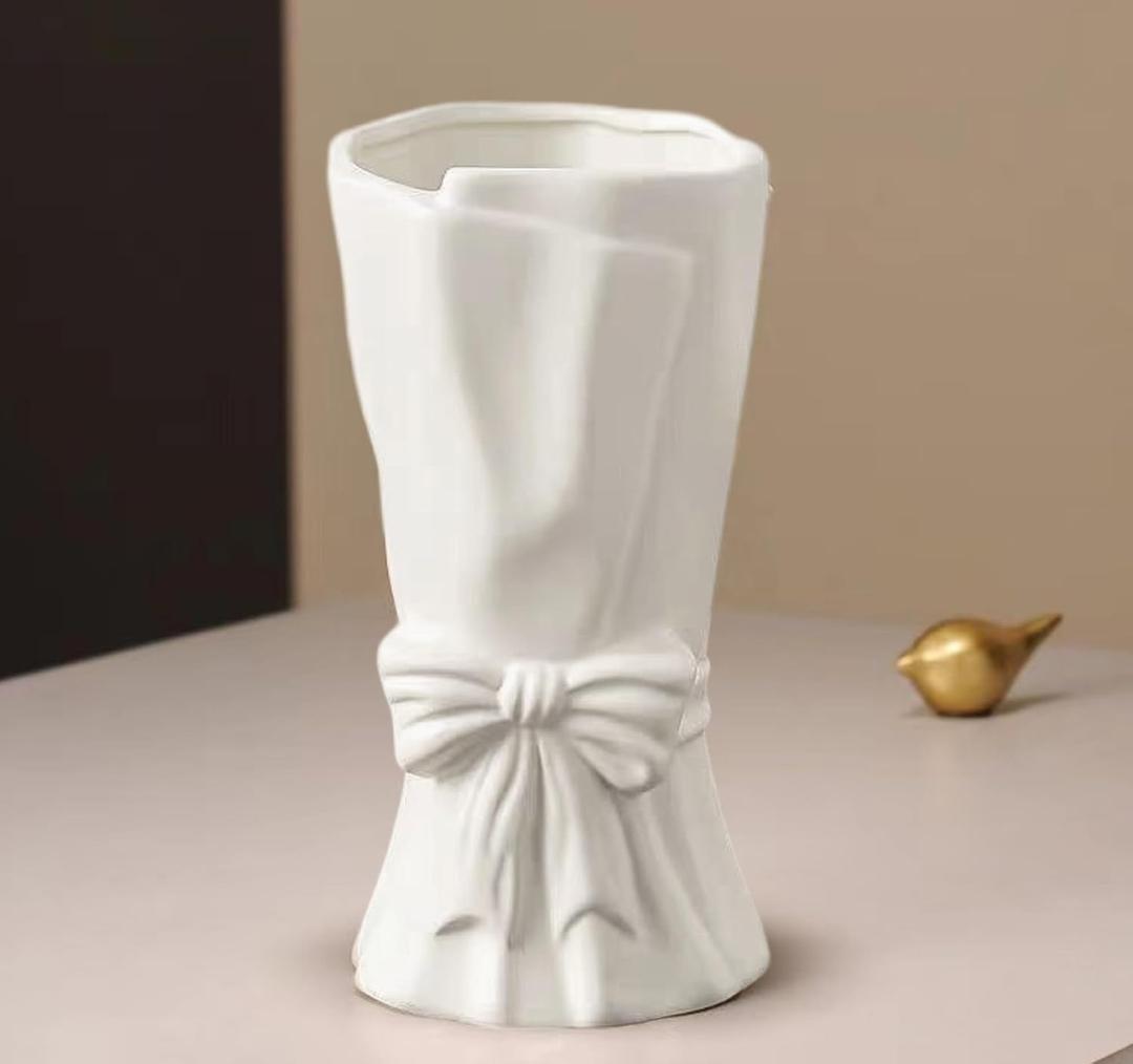 Bow Vase, White Flower Vase for Home Decor, White Ceramic Vase for Boho Style, Bow Decor, 9.3 Inch Flower Vases for Bouquet, Large Vase for Ideal Shelf Decor/Table. (Pure White, Large)