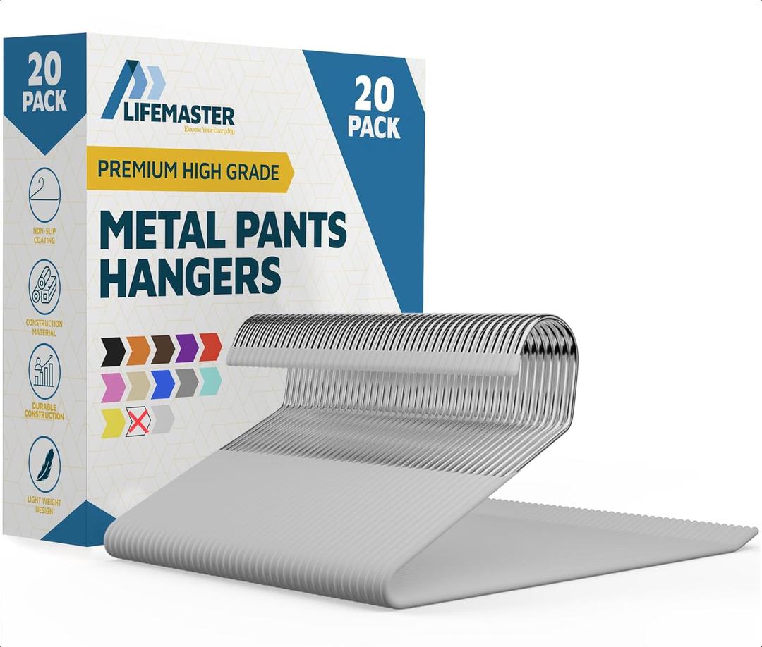 Lifemaster Metal Pants Hanger Set - 20 Pieces Elegant Non-Slip Closet Space Saving Hanger Set for Pants, Trouser, Blankets, and Jeans with Open Ended Sleek Design - White