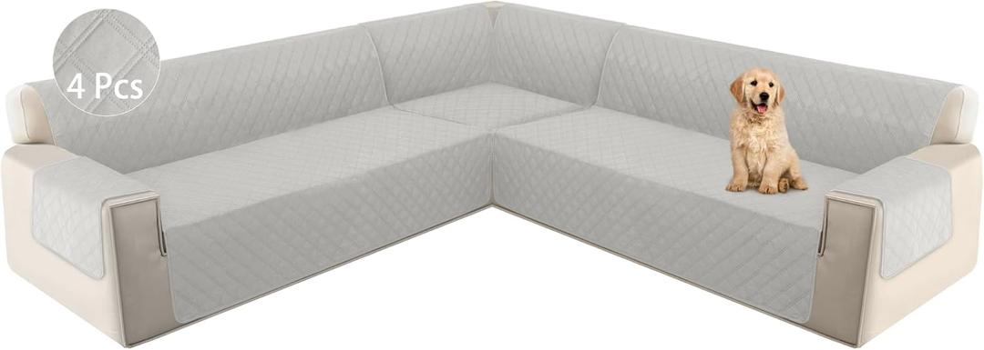 HDCAXKJ L Shape Couch Cover Sectional Sofa Cover 4 Pcs Corner Sectional Sofa Slipcovers Sets for Pets Dogs Washable Non Slip U Shaped Furniture Protector for Sectional Sofa (Light Gray, Small)