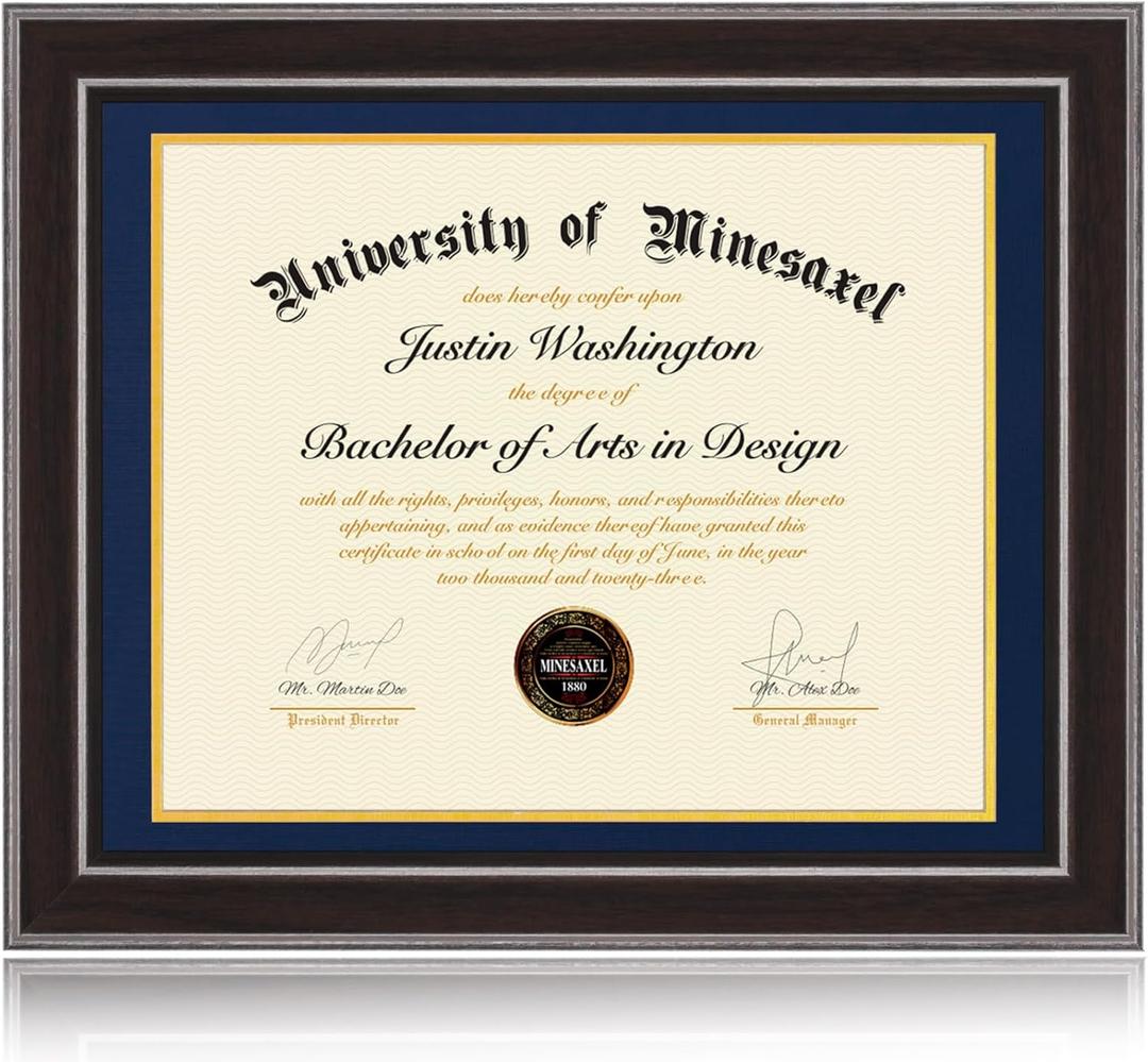 16x20 Diploma Frames 14x17 with Blue Mat, Fits Degree Certificate Document, 20 x 16 Walnut Color Frame with Tempered Glass Panel for Wall Mounting