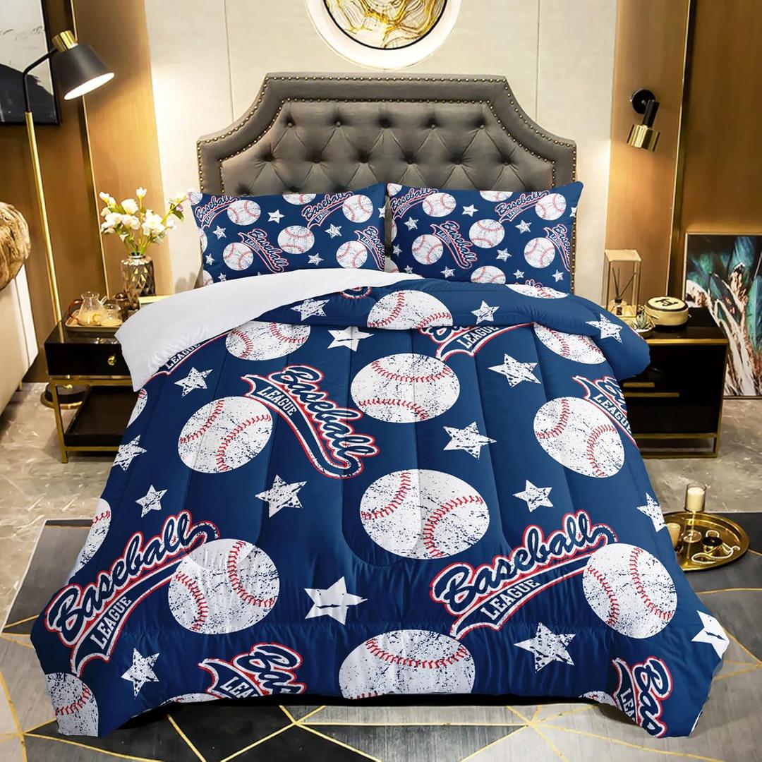 3D Baseballs Comforter Twin Size, Blue Baseball Kids Bedding Set, 3Pcs Bedding Set Printed Comforter with 2 Pillowcases, Down Alternative, Soft and Lightweight, for All Seasons
