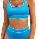 BMJL Women's High Waisted Bikini Sets Sporty Two Piece Swimsuits Color Block Cheeky High Cut Bathing Suits (X-Large, Blue Ribbed011)