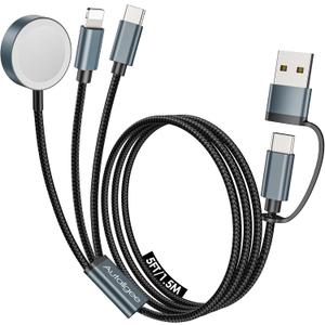 Travel Essentials for Apple Watch Charger,3 in 2 USB C Cable for Multi Charging Cable Cord,Vacation Camping RV Essentials Portable Designed for iWatch &iPhone 17-11 -5FT, Black