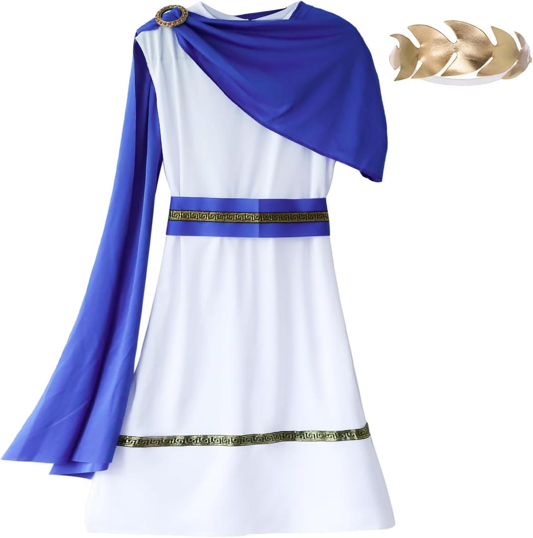 Grecian Toga Costume for Kids, Ancient Greek God Costume for Boys, Roman Nobility Cosplay Dress Up (3-7 Years, Blue White)