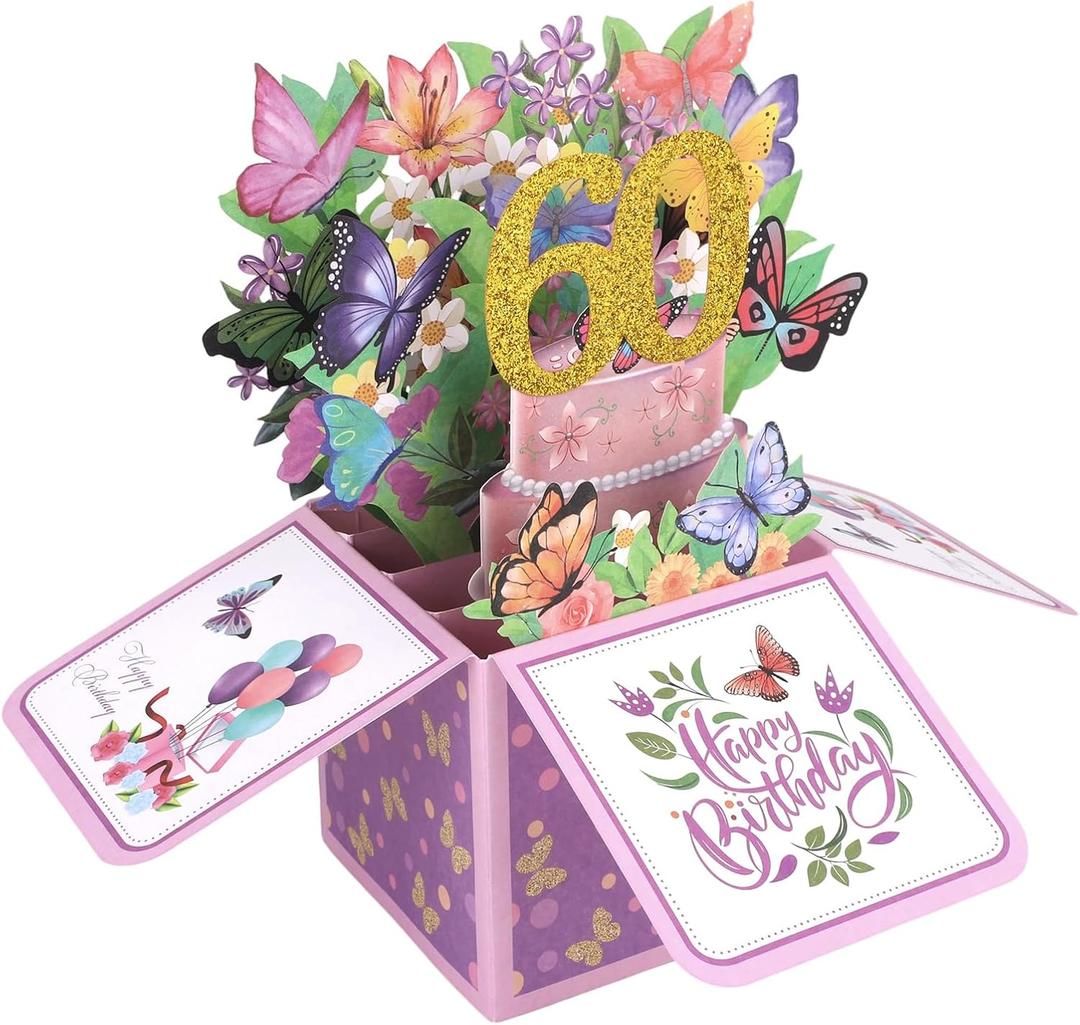 Penitue Happy 60th Birthday Pop-Up Card, 60 Year Old Colorful Butterfly & Flower 3D Birthday Greeting Card with Envelope Cool Birthdays Popup Box for Wife Husband Mom Dad Aunt Uncle Sixty Gifts
