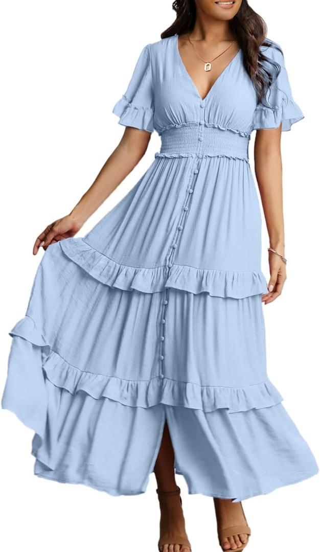Amegoya Women's V Neck Summer Boho Maxi Dress Wedding Guest Tiered Ruffle Sleeve Long Flowy Dresses (Blue S)
