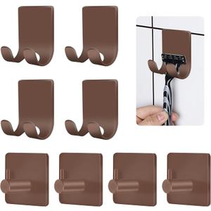 CGBE Razor Holder for Shower, 4 Packs Shaver Holder and Hooks, Self Adhesive Wall Mounts for Bathroom, Damage Free - Brown