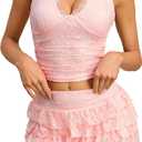 2 Piece Outfits for Women Halter V Neck Sleeveless Crop Top with Lace Mesh Tiered Layered Ruffle Mini Skirts Sets (Pink, L)