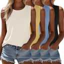Ficerd 4 Pack Women's Sleeveless Tops, Casual Summer Loose Fit T Shirts Solid Color Tunic Tank Tops Ladies' Crew Neck (Large, Dark Brown, Light Blue, Light Yellow, Cream White)