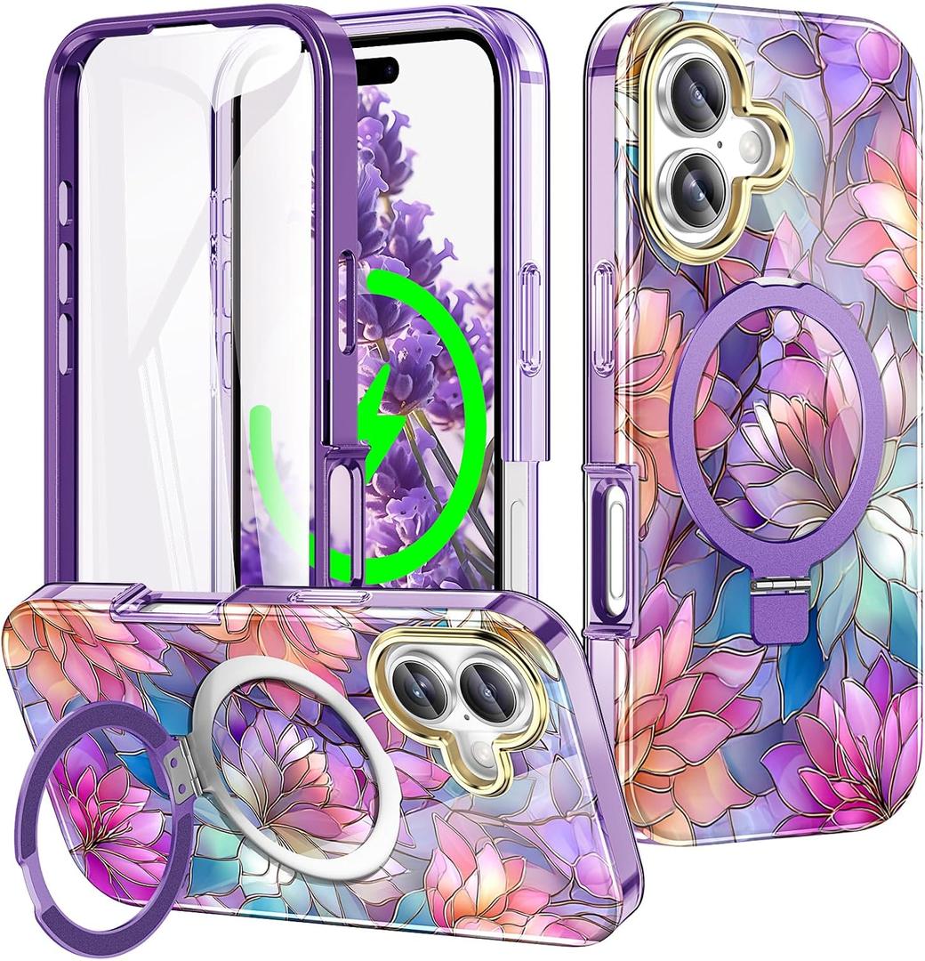 for iPhone 17 Case Built-in Screen Protector,Cute Flower Case with Magnetic Invisible Stand [Compatible with MagSafe] Military Full Body Shockproof Cover for Women/Girls-Lotus