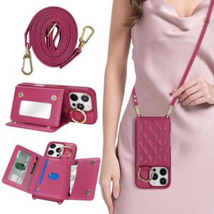 for iPhone 16 Pro Case with Card Holder and Strap for Women,Crossbody Lanyard, Make Up Mirror,Ring Stand,Snap Clasp,Cute Phone Wallet Cases 6.3 inch - Rose red