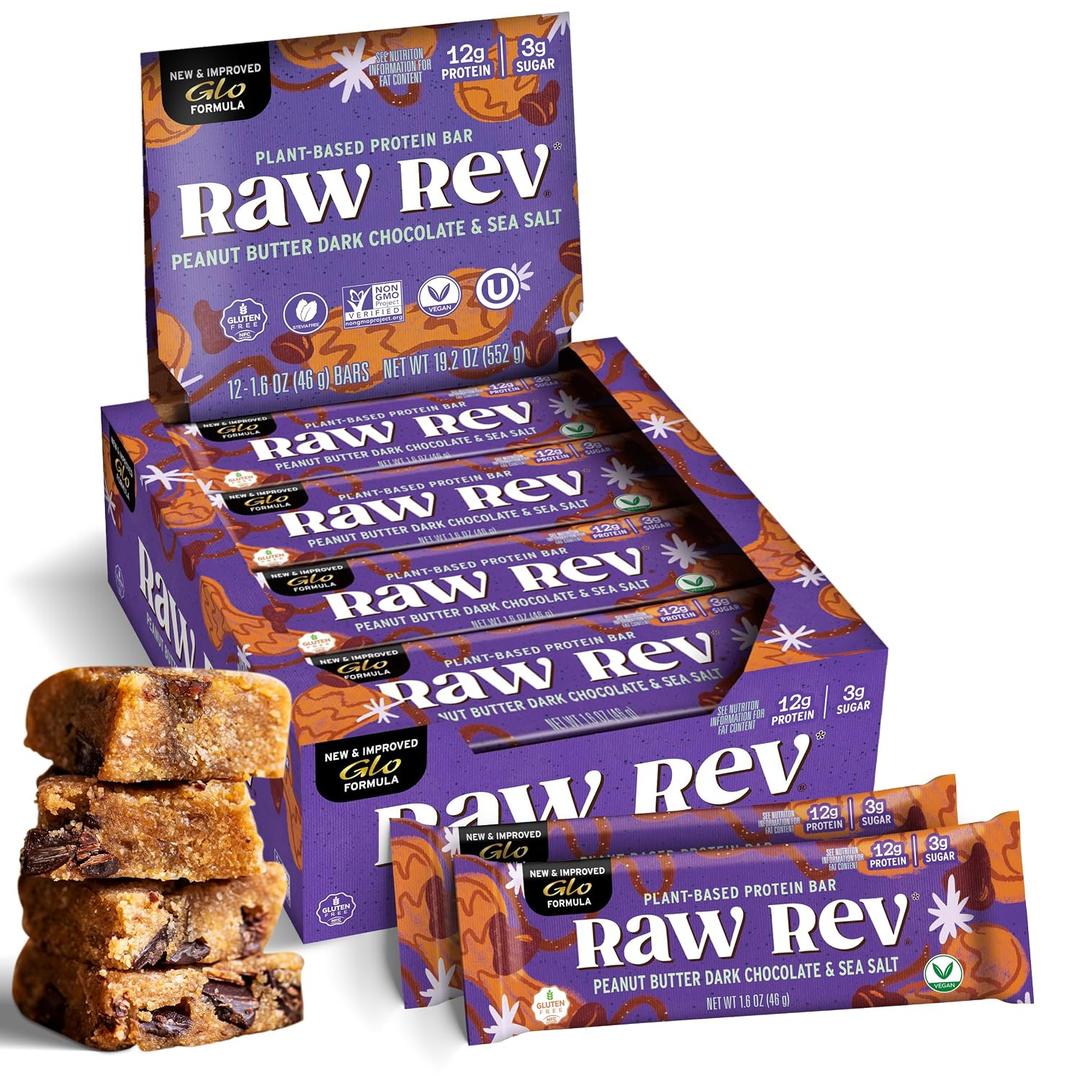 Raw Rev Vegan Protein Bars- Peanut Butter Dark Chocolate & Sea Salt, 12 bars, Non-GMO, Plastic-Neutral, Nothing Artificial, Glo Formula, Gluten-Free, Keto-Friendly, Paleo, Kosher, No Sugar Alcohols, No Stevia (EXP 11/04/26)