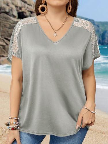 Women's Plus Size Contrast Lace V Neck Dolman Short Sleeve T-Shirt, 2XL