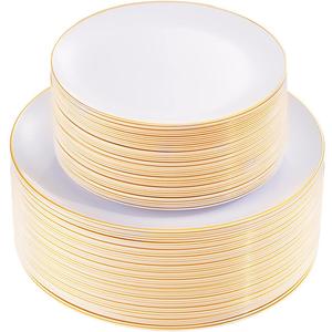 KIRE 100PCS Disposable Plates - White with Gold Rim for Party/Wedding/Graduation - Includes 50Pieces 10.25inch Dinner and 50Pieces 7.5inch Dessert/Salad Plates
