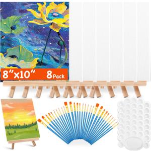 Yihurlm 54Pack Canvas Boards with Easel Set,8pcs 9.8 x 7.8 inch Painting Canvas,8 Easel Stand,30 Brushes & 8 Paint Tray,Canvases Panel Painting Kit for Paint Party, Acrylic Oil, Water Color Gift