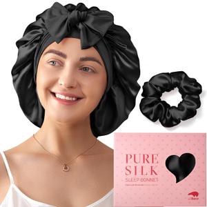 LitBear 100% Mulberry Silk Bonnet for Sleeping Women, 6A 22 Momme, Large Double-Layer Silk Hair Wrap with Tie Band, Non-Slip Turban, Includes Silk Scrunchie Black