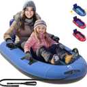 QPAU Snow Sled with Premium Canvas Cover, 2 Person Inflatable Heavy Duty Snow Tube with Reinforced Handles, Snow Sleds for Kids and Adults, Winter Toboggan Outdoor Toys Gifts for Family (Blue)