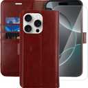 MONASAY Wallet Case Compatible for iPhone 16 Pro 5G, [Glass Screen Protector Included] [RFID Blocking] Flip Folio Leather Cell Phone Cover with Credit Card Holder, 6.3-inch, Burgundy