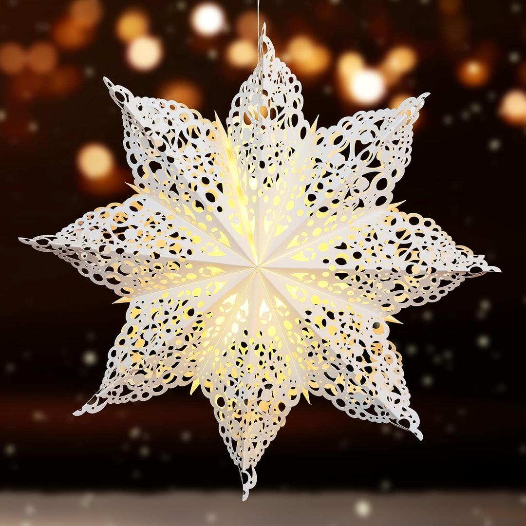 23.6 Inch Christmas Paper Snowflakes Star Lantern with Light Parol Lantern Filipino Party Supplies Hanging Decoration for Weddings Christmas Trees Birthday Holiday Party Celebration (Lovely Style)