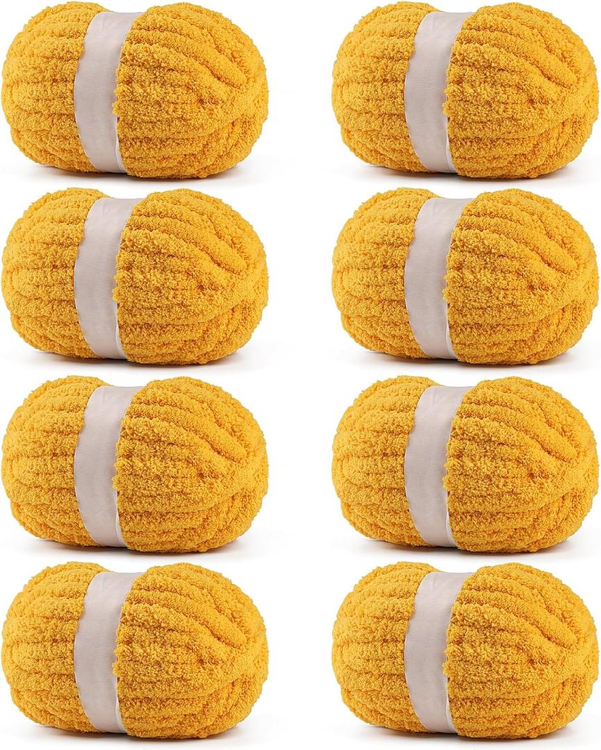 8 Pack Chunky Yarn for Hand Knitting - #10 Super Bulky Chenille Yarn, Fluffy Jumbo for Thick Hand-Knit Blankets, Scarves 25 Yds 7.94 Oz Each Skein (8, Golden)