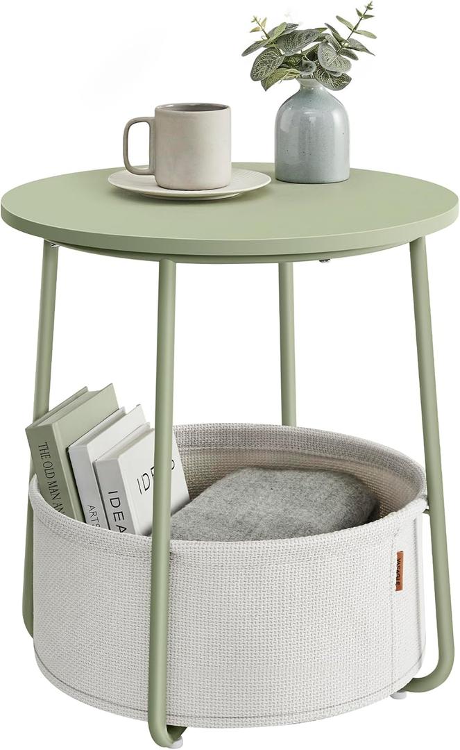VASAGLE LILEA Collection - Small Round Side End Table, Modern Nightstand with Fabric Basket, Laurel Green and Cream White ULET223C69