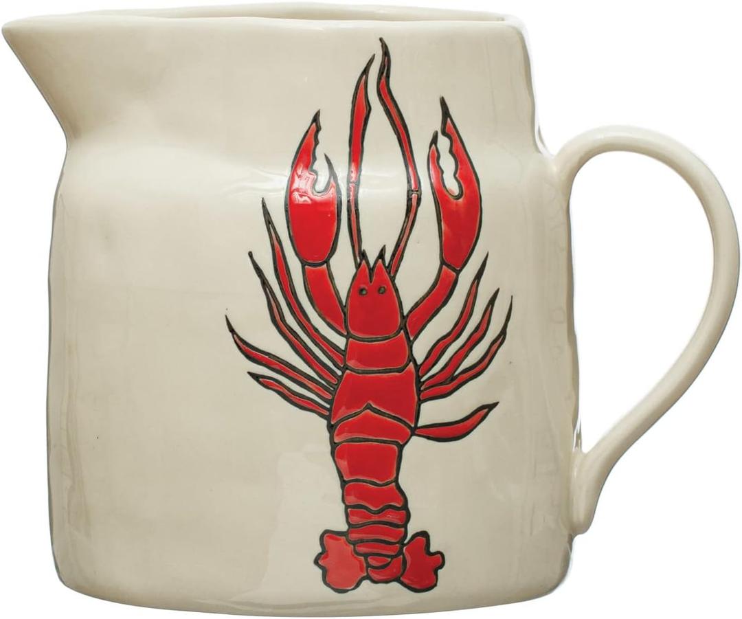 Creative Co-Op Coastal Stoneware Pitcher with Wax Relief Lobster Illustration, Multicolor