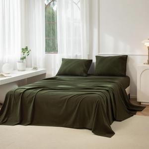JIYUAN Queen Size Sheet Set, 4-Piece - 100% Washed Cotton, Linen-Like Soft & Breathable, Includes Deep Pocket Fitted & Flat Sheet with 2 Pillowcases, Hotel Quality, Solid Olive Green