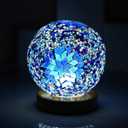 Turkish Table lamp (D:4.7" x H:5.2"),Mosaic Glass Lamps with Wooden Base, Bohemian Tiffany Bedside Lamps, USB Power Moroccan Lantern for Living Room Halloween Decorations (Boho - Sky Blue, Boho)