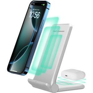 2 in 1 Wireless Charger,Foldable 20W Fast Wireless Charging Stand Compatible with iPhone 16/16 Pro/15/14/13/12/X/AirPods,Dual Phone Induction Charge Station for Samsung,Pixel,Xperia,LG(No Plug) (White)