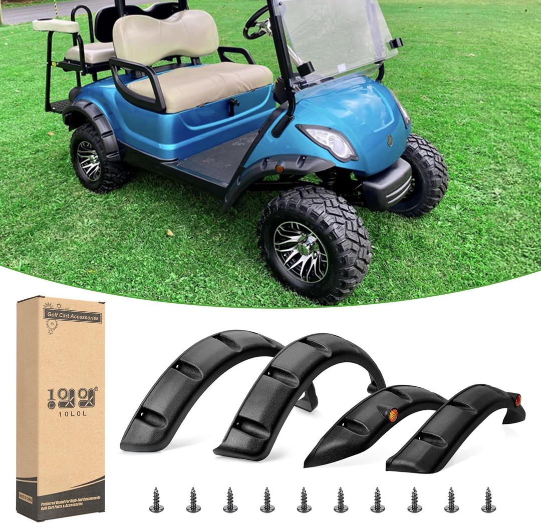 10L0L 4PCS Golf Cart Fender Flares for Yamaha G29, EZGO TXT/RXV, Club Car DS/Precedent - Heavy Duty ABS Plastic Mud Guards with Reflectors & Stainless Steel Hardware