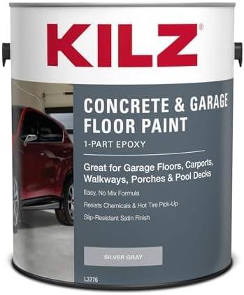 KILZ 1-Part Epoxy Acrylic Concrete & Garage Floor Paint, Silver Gray, Satin, Interior/Exterior Concrete Paint for Basement Floors, Porches, Driveways & Pool Decks, 1 Gallon