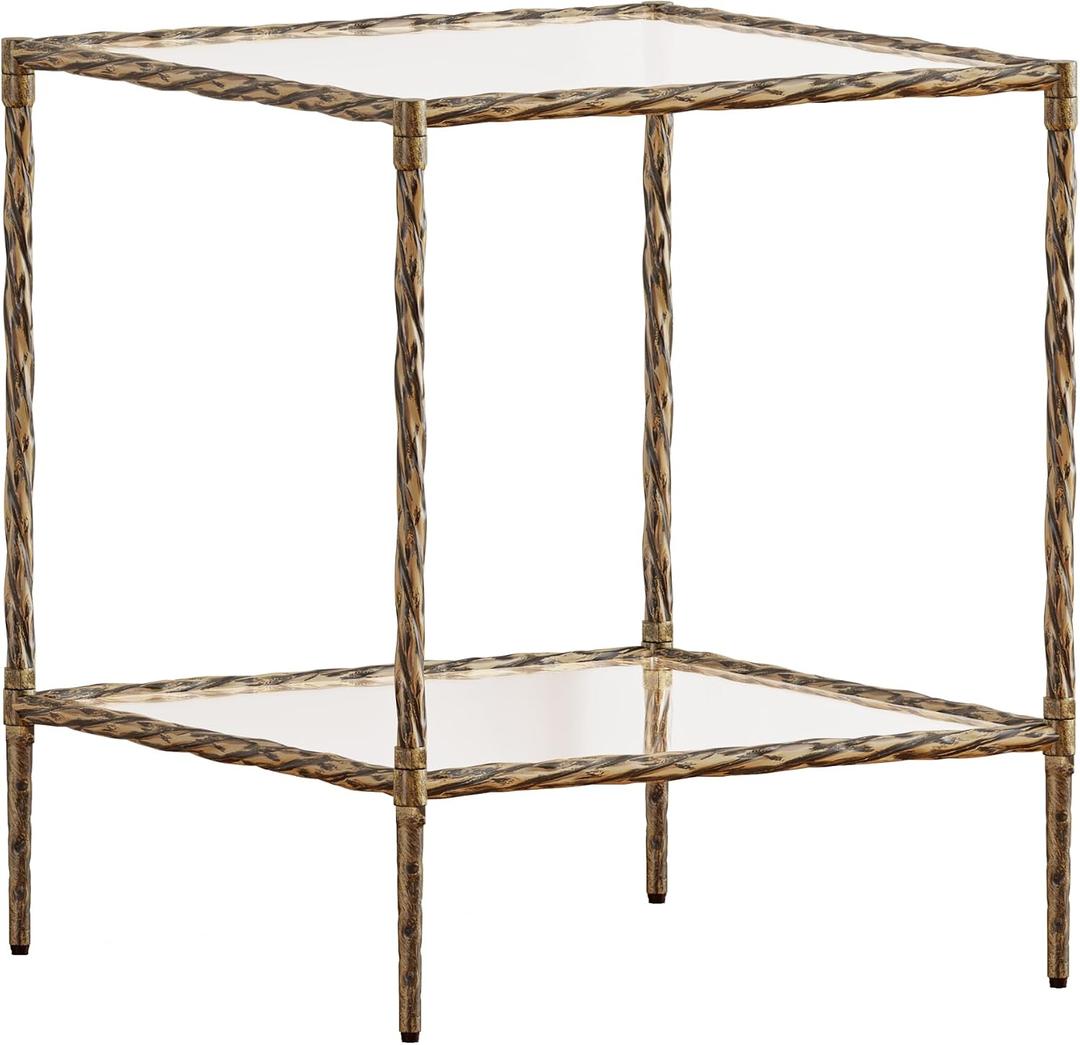 20" Square Glass End Table, Modern Tempered Glass Side Table with 2-Tier Storage Shelves, Accent Table with Antique Brass Gold Frame for Living Room, Bedroom (19.69"D x 19.69"W x 24.02"H)