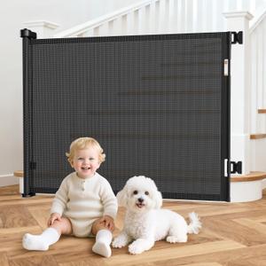 55 Inch Retractable Baby Gates Extra Wide, 41 Inch Reinforced Extra Tall Gate Mesh Safety Gate for Kids Pets, Retractable Dog Gate Baby Retractable Gate for Stair Hallway Doorway Indoor Outdoor, Black