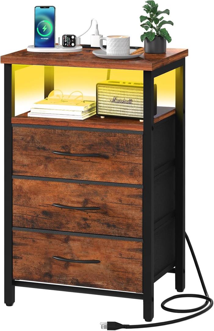Yoobure Night Stand with Charging Station, 16 Colors LED Nightstand with USB Ports and Outlets, End Table with 3 Fabric Drawers and Storage Shelf, Bedside Tables Small Dresser for Small Space, Brown