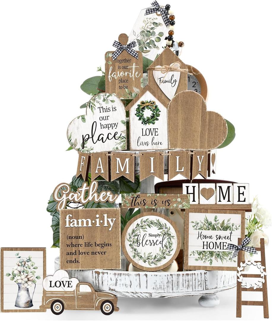 Yaomiao 21 Pcs Farmhouse Tiered Tray Decor Set Rustic Farmhouse Wood Decor Sign Vintage Rustic Family Gather Blessed Tiered Tray This is Our Happy Place Tabletop Sign for Home Kitchen Table Shelf