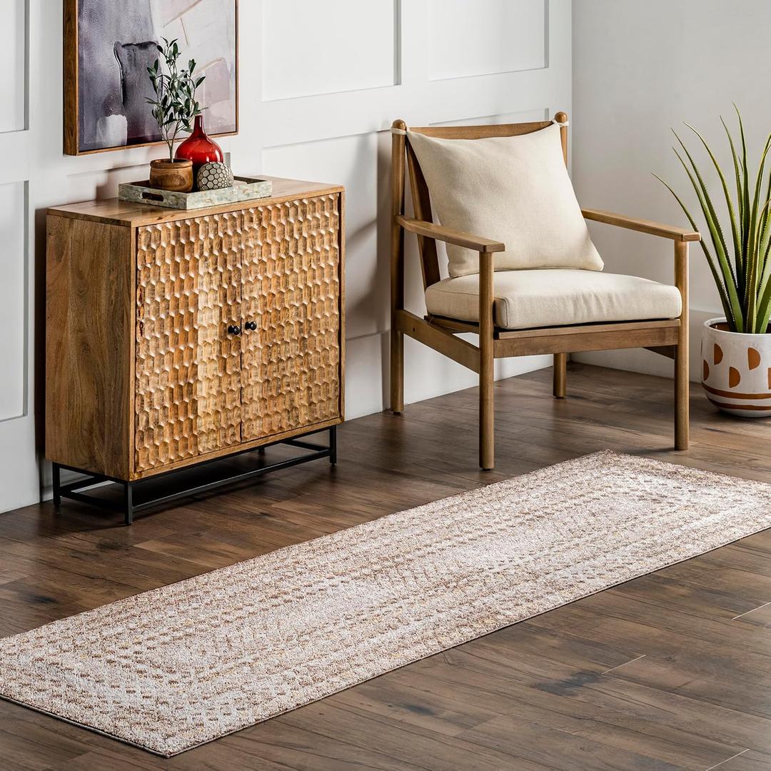 nuLOOM SpinClean Carley Beige/Ivory, 2'6" x 12', Geometric, Soft and Cozy, High Traffic, Stain Resistant, Easy Clean, Durable, Machine Washable Area Rug for Bedroom, Living Room, Dining, Entryway