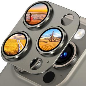 Uyiton Compatible with iPhone 15 Pro/iPhone 15 Pro Max Camera Lens Protector, [Not Easy to Break][Strong Adsorption][Case-Friendly] Metal Tempered Glass Rear Camera Screen Cover - Natural Titanium