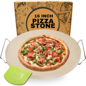 16 inch Round Pizza Stone for Oven - Large Pizza Stone for Grill with Handles and Dough Tool - Round Baking Stone for Bread - Pizza Making Accessories - Cooking Gifts for Food Lovers