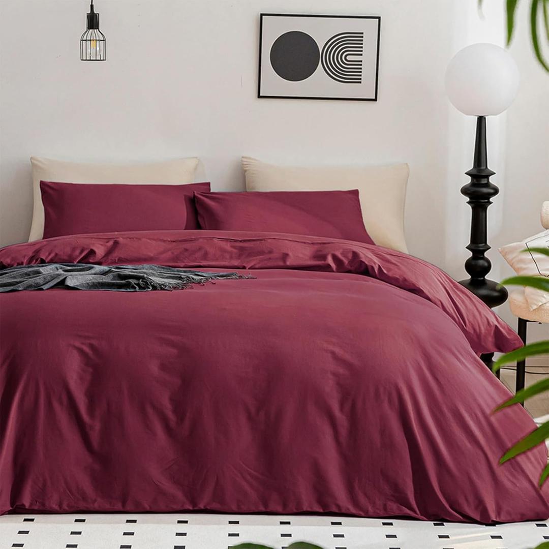 JELLYMONI Burgundy Duvet Cover Queen Size - 100% Washed Cotton Linen Like Textured Comforter Cover, 3 Pieces Breathable Soft Bedding Set with Zipper Closure (Burgundy, Queen 90"x90")