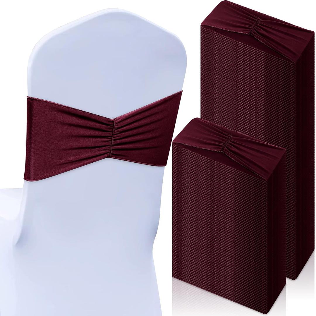 Moukeren 100 Pcs Spandex Chair Sashes Bows Bands Slider Sashes for Chair Covers Elastic Bands Ties Ribbon Decorations for Wedding Party Events Ceremony Birthday Banquet (Burgundy)