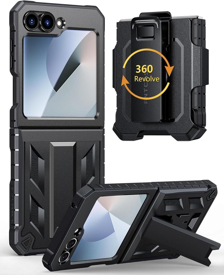 FNTCASE for Samsung Galaxy Z-Flip-6 Case: Military Grade Protection Shockproof Cell Phone Cover with Belt Clip Holster & Kickstand | Protective Drop Proof Rugged Case for Z Flip 7 FE 2025-Black