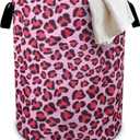Pink Leopard Laundry Basket Foldable Oxford Cloth Tote Bag Laundry Hamper Clothes Storage Organizer For Bathroom/Laundry Storage/Bedroom 19.6x15.7 Inch