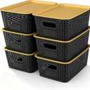 AREYZIN Plastic Storage Bins with Lid, Stackable Storage Bins and Storage Baskets for Shelves, Small Baskets for Organizing, Small Storage Bins, 10.2x7.2x4.1 Inch, 6-Pack, Black