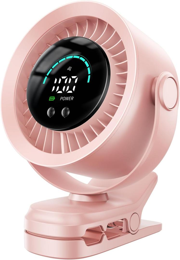 KIMMOO Portable Clip on Fan, 100-Speed Rechargeable USB Fan with LED Display, 360 Rotation & Strong Airflow Desk Fan, Up to 17 Hours Small Battery Fan for Outdoor Travel Camping Treadmill Car (Pink)
