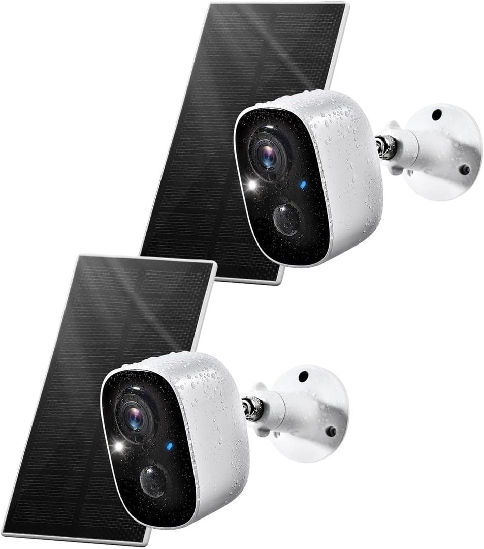 Solar Security Cameras Wireless Outdoor, 2K Night Vision AI Motion Detection 2-Way Talk Battery Powered WiFi Indoor Cameras for Home Security Outside IP65 Weatherproof Spotlight Siren Alarm 2 Pack