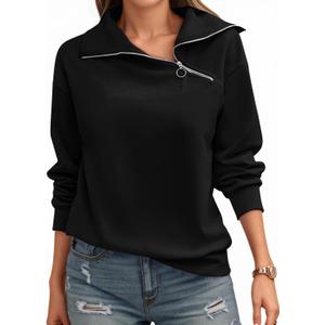 Womens Zipper Sweatshirt Turtleneck Long Sleeve Pullover Casual Loose Sweatshirts Top T Shirts (Large, Black)